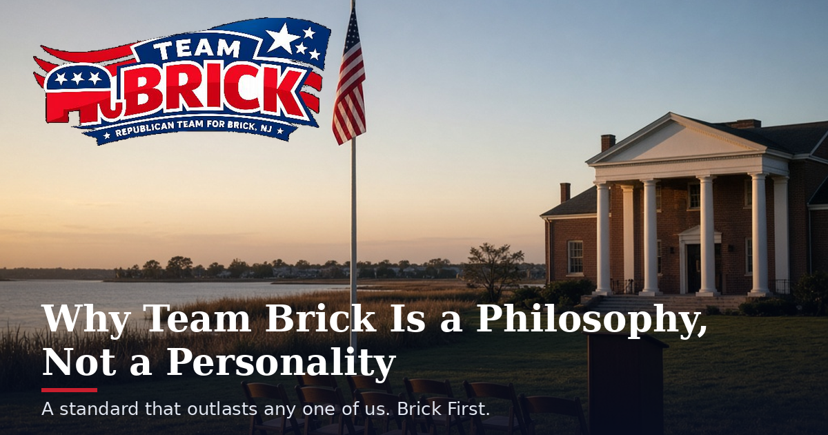 American flag in front of a brick municipal building by the bay at sunset, with the Team Brick logo